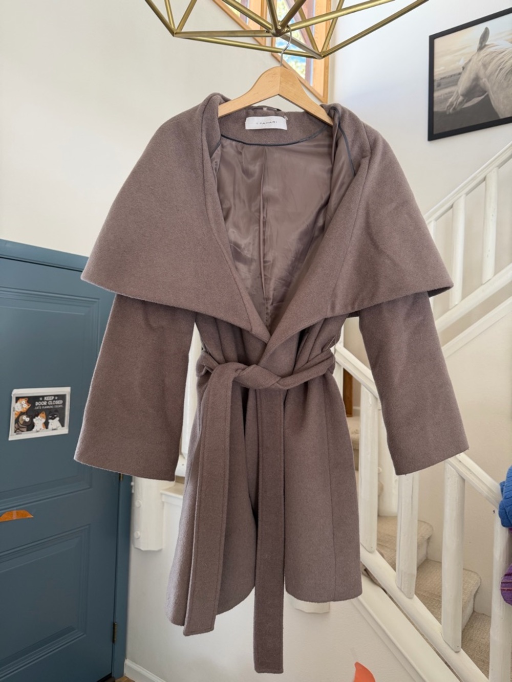 T Tahari Taupe Wool-Blend Coat with Smooth Lining